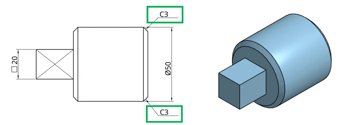 45-degree chamfer callout using the C prefix as shorthand for an equal width-by-angle chamfer